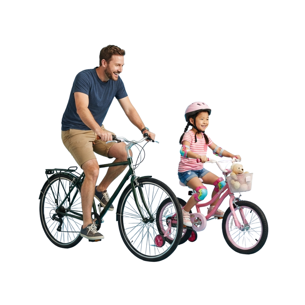 Adult riding a tandem bike with a child on a smaller bike attached, both smiling and enjoying the ride.
