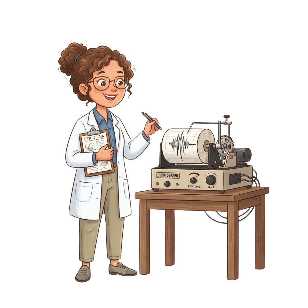 A scientist in a lab coat holding a clipboard next to an old-fashioned seismograph machine recording seismic data