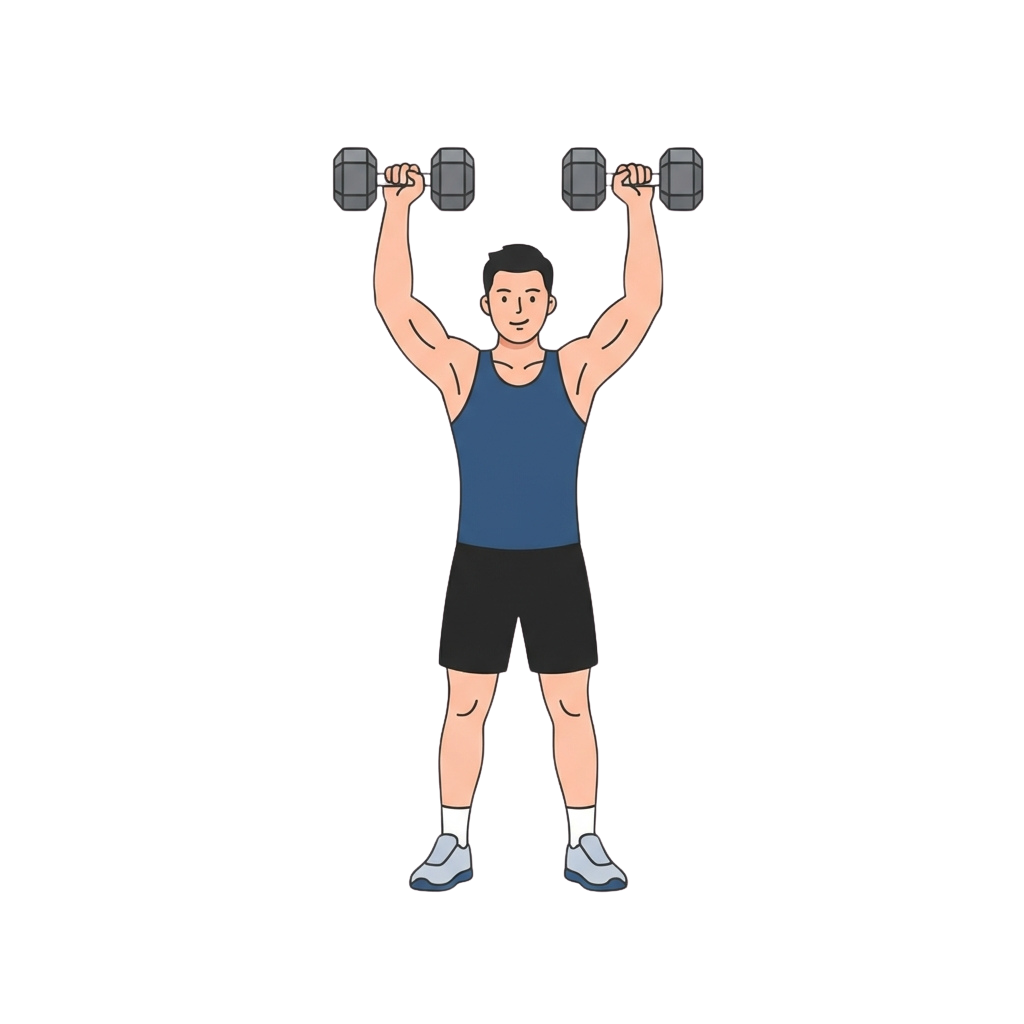 A person lifting two dumbbells overhead in a shoulder press exercise