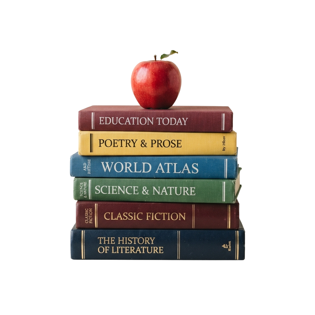 A red apple balanced on a stack of six colorful books with various educational and literary themes