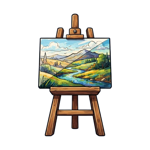 Illustration of a wooden easel holding a painted landscape with mountains, trees, and a river under a blue sky