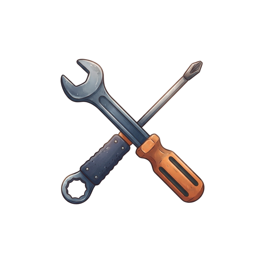 Two crossed tools: a blue adjustable wrench and an orange screwdriver on a black background