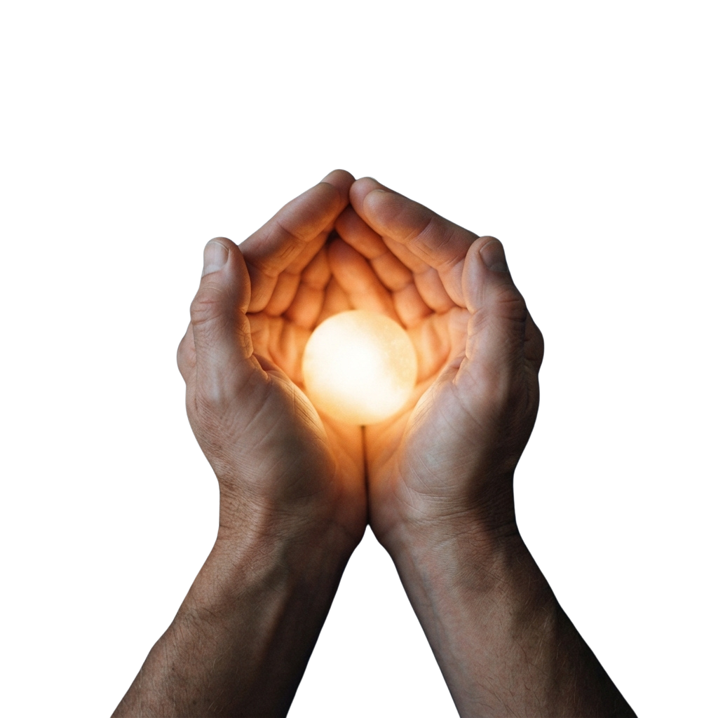 Two hands gently cupping a bright glowing orb against a dark background.