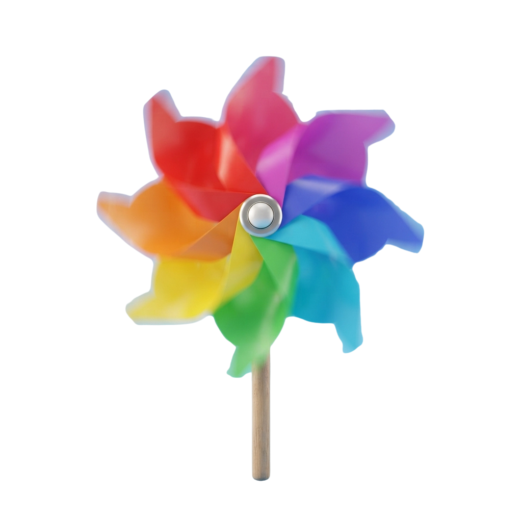 A vibrant pinwheel with rainbow-colored petals and a metallic center on a stick