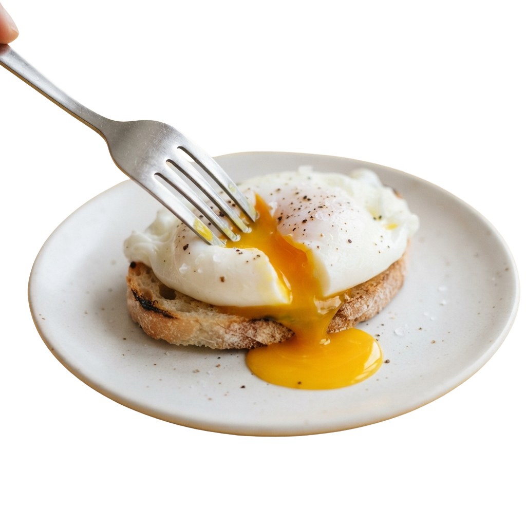 Poached egg on toast with a fork lifting the egg, showing runny yolk dripping onto plate