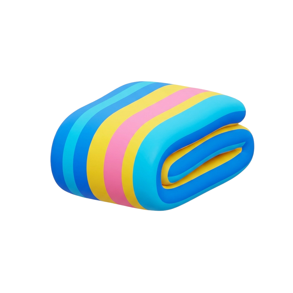 A 3D rendering of a rolled fabric with blue, yellow, and pink stripes