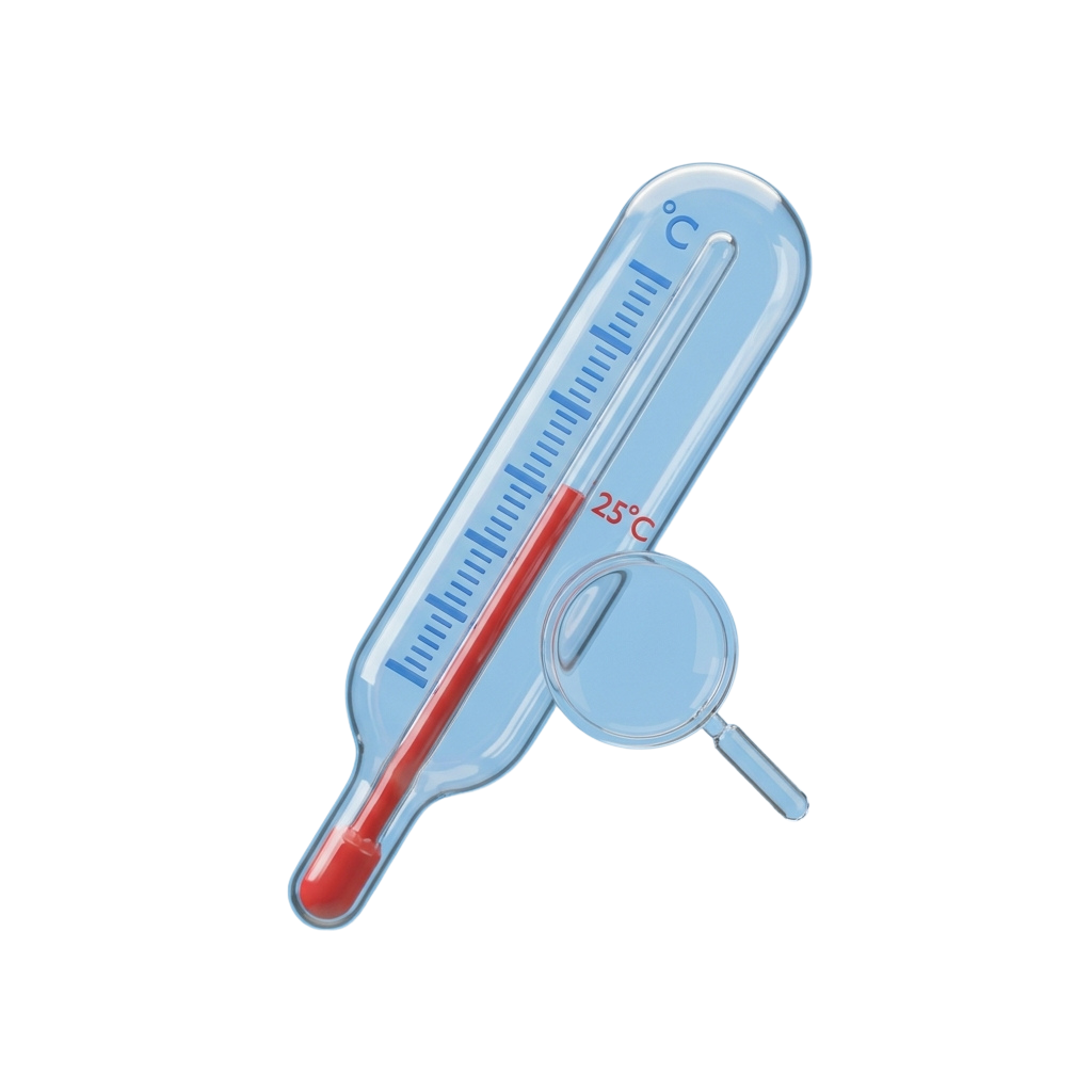 A clear glass thermometer displaying a temperature of 25 degrees Celsius with a red liquid indicator