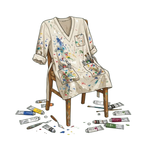 A white robe covered in paint splatters sits on a chair surrounded by scattered paint tubes and brushes.