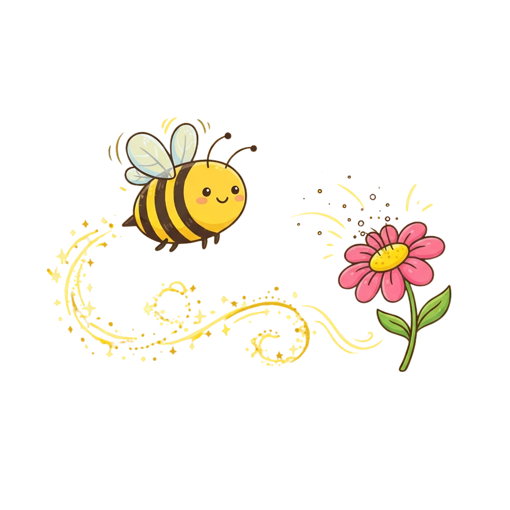 A cheerful cartoon bee flying towards a pink flower with golden pollen trail