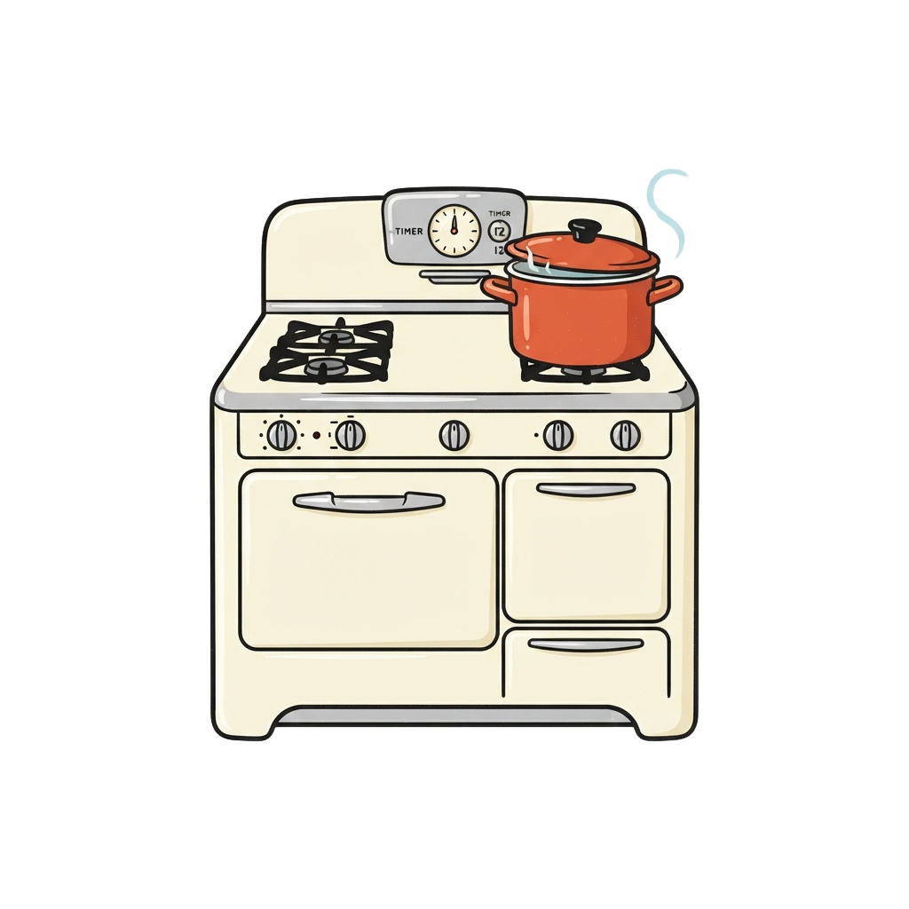 Illustration of a vintage-style gas stove with a pot on the front burner and steam rising