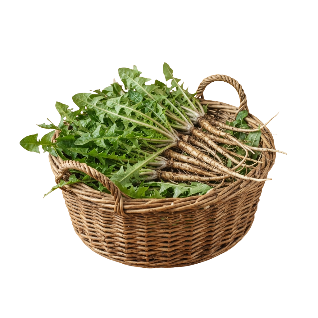 A woven basket filled with fresh green leafy vegetables and roots.