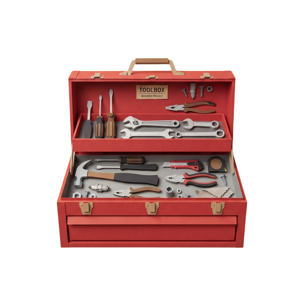 Open red toolbox displaying various hand tools like screwdrivers, wrenches, pliers, and hammers