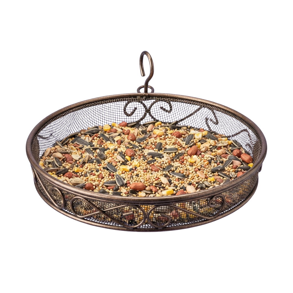 A metal mesh bird feeder hanging from a hook, filled with assorted birdseed and nuts