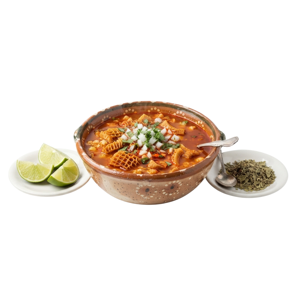 A bowl of spicy tomato pasta soup topped with cheese, onions, cilantro, lime wedges, and herbs on a plate.