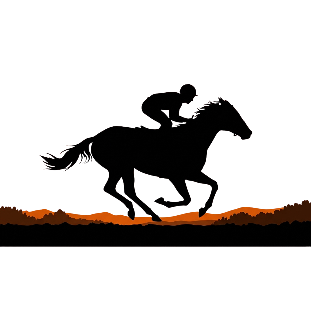 A horse silhouette galloping above a glowing sunset horizon with silhouetted trees below