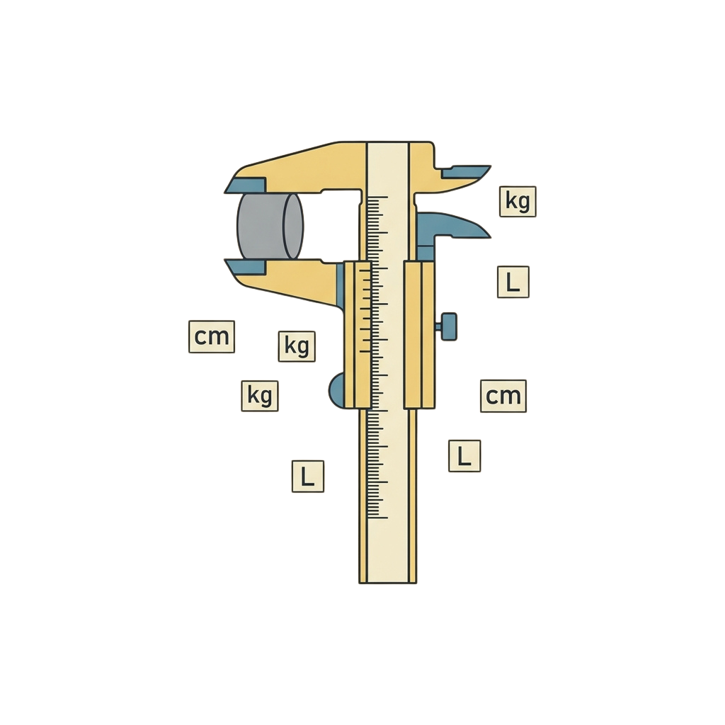 Illustration of calipers showing measurement units labeled kg, cm, and L