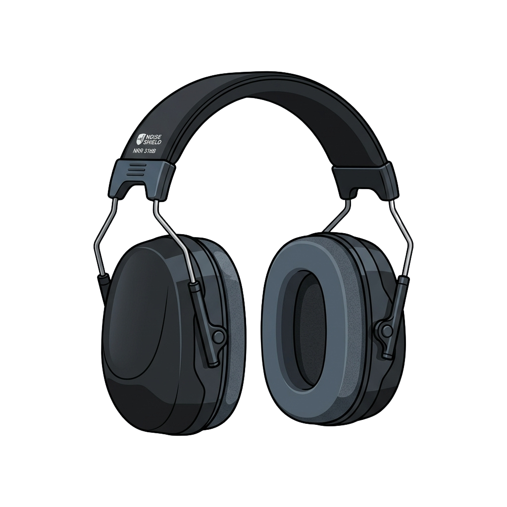 Dark gray over-ear protective headphones with padded ear cups and adjustable headband