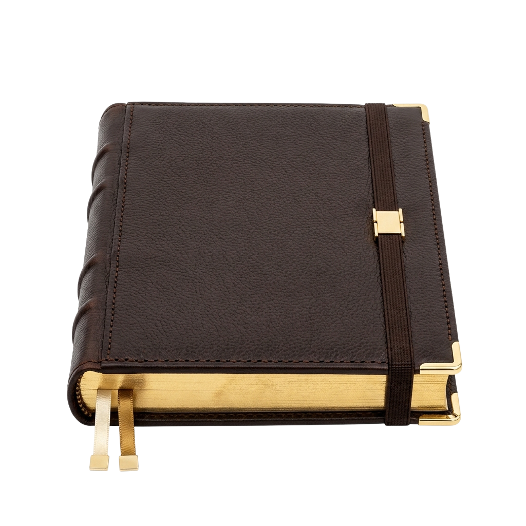 Dark brown leather journal with gold accents, closed with a clasp and strap, resting on a black surface