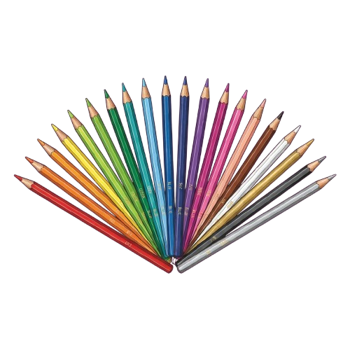 A fan-shaped arrangement of 24 colored pencils in various bright colors on a black background
