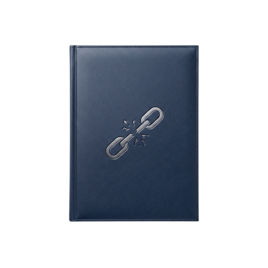 Dark blue leather-bound notebook featuring a broken padlock embossed on the cover
