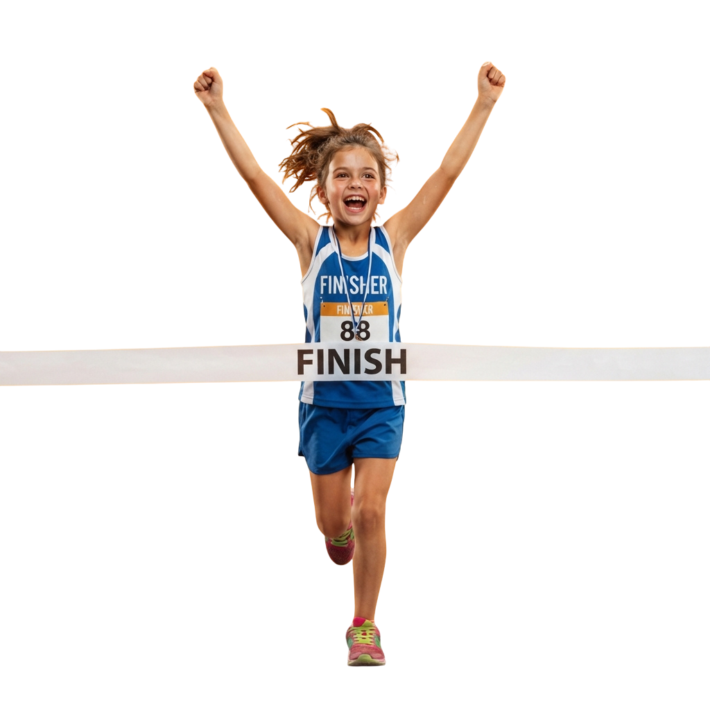 Young athlete crossing finish line with arms raised in triumph, wearing a blue and yellow athletic outfit, bib number 88