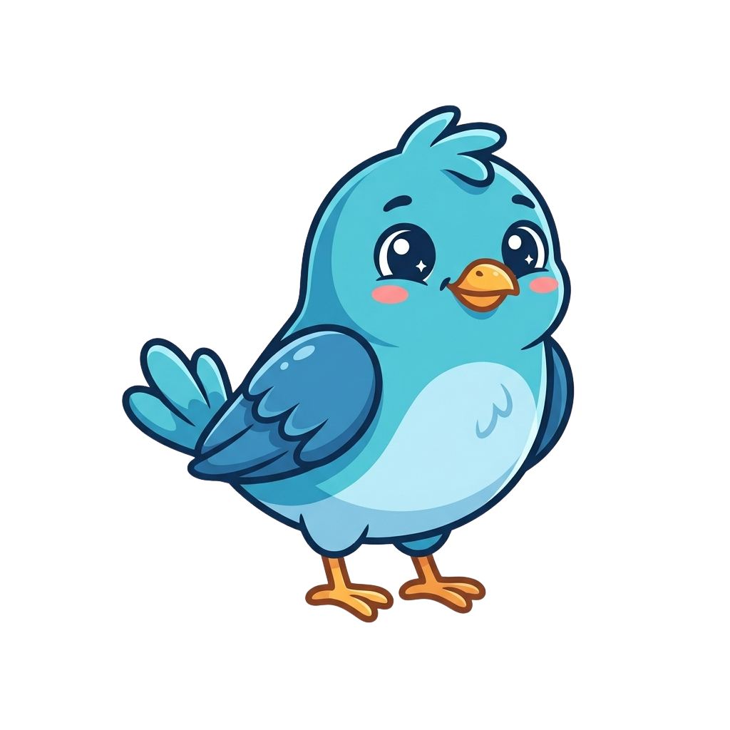 A cheerful blue cartoon bird waving with one wing and standing on two orange feet