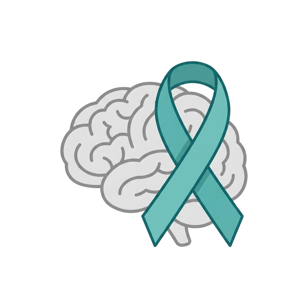 A white brain graphic with a teal awareness ribbon wrapped around it