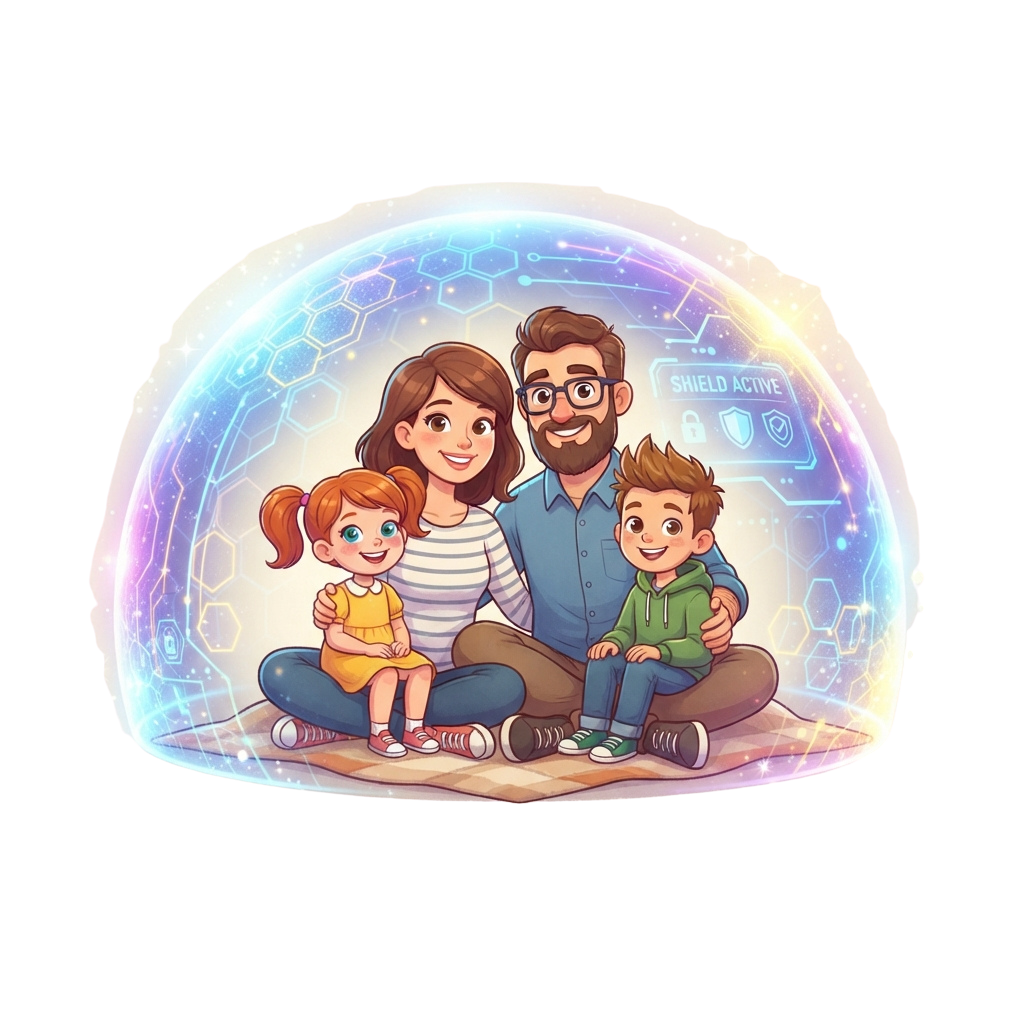 Family Protected by Digital Security Shield Illustration - Cyber Safety Sunday 21