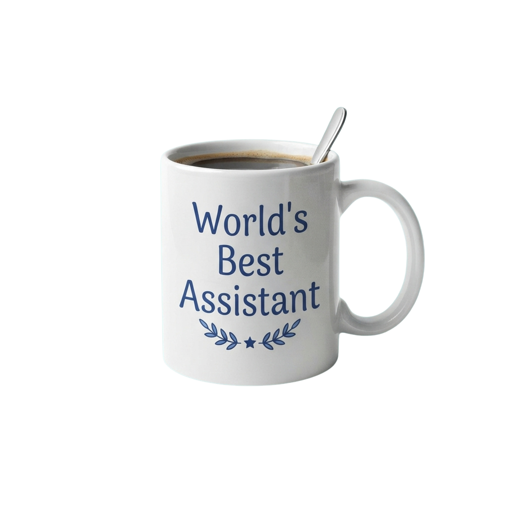 White ceramic mug filled with coffee featuring blue text reading Worlds Best Assistant and decorative laurels
