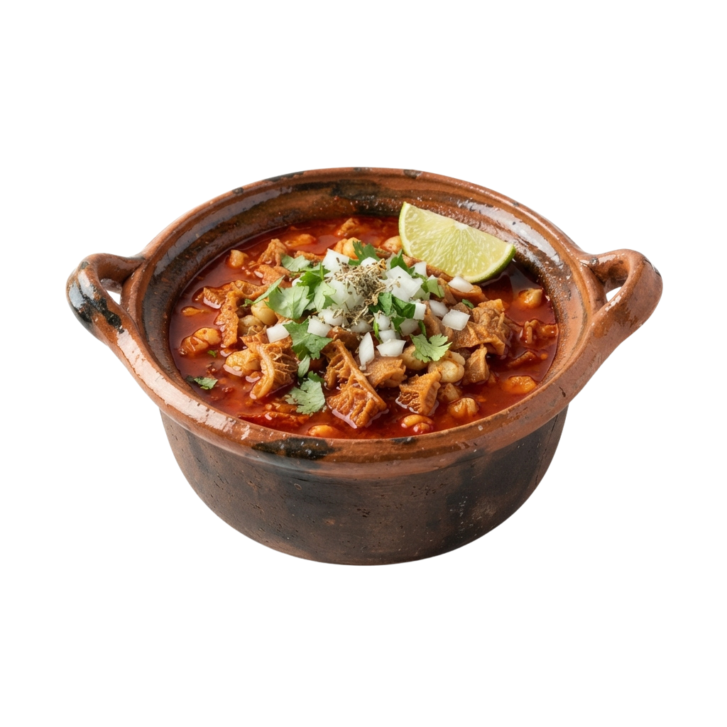 Clay pot filled with hearty beef stew, chickpeas, and garnished with lime and chopped cilantro