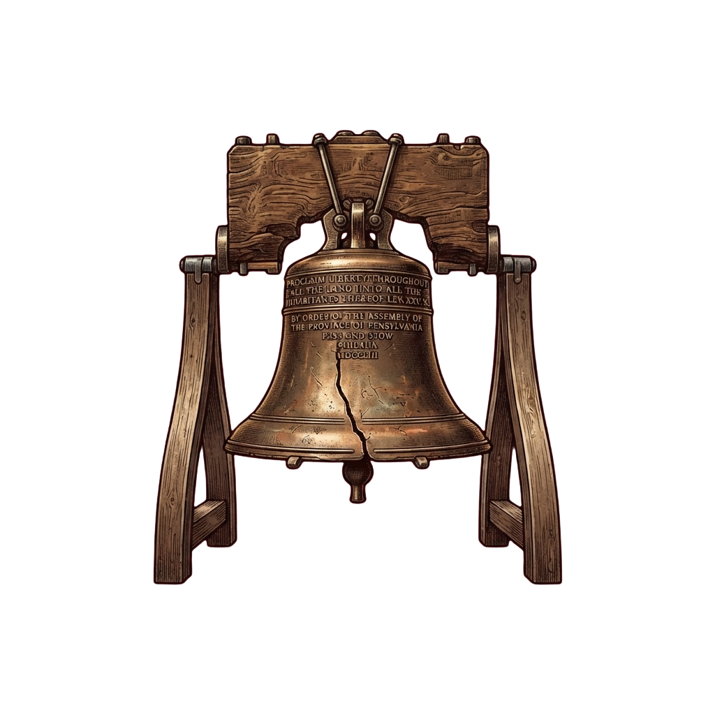 A bronze liberty bell replica mounted on a wooden frame against a dark background