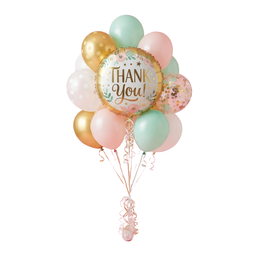 Colorful balloon bouquet with a gold thank you balloon and pastel balloons tied with ribbons