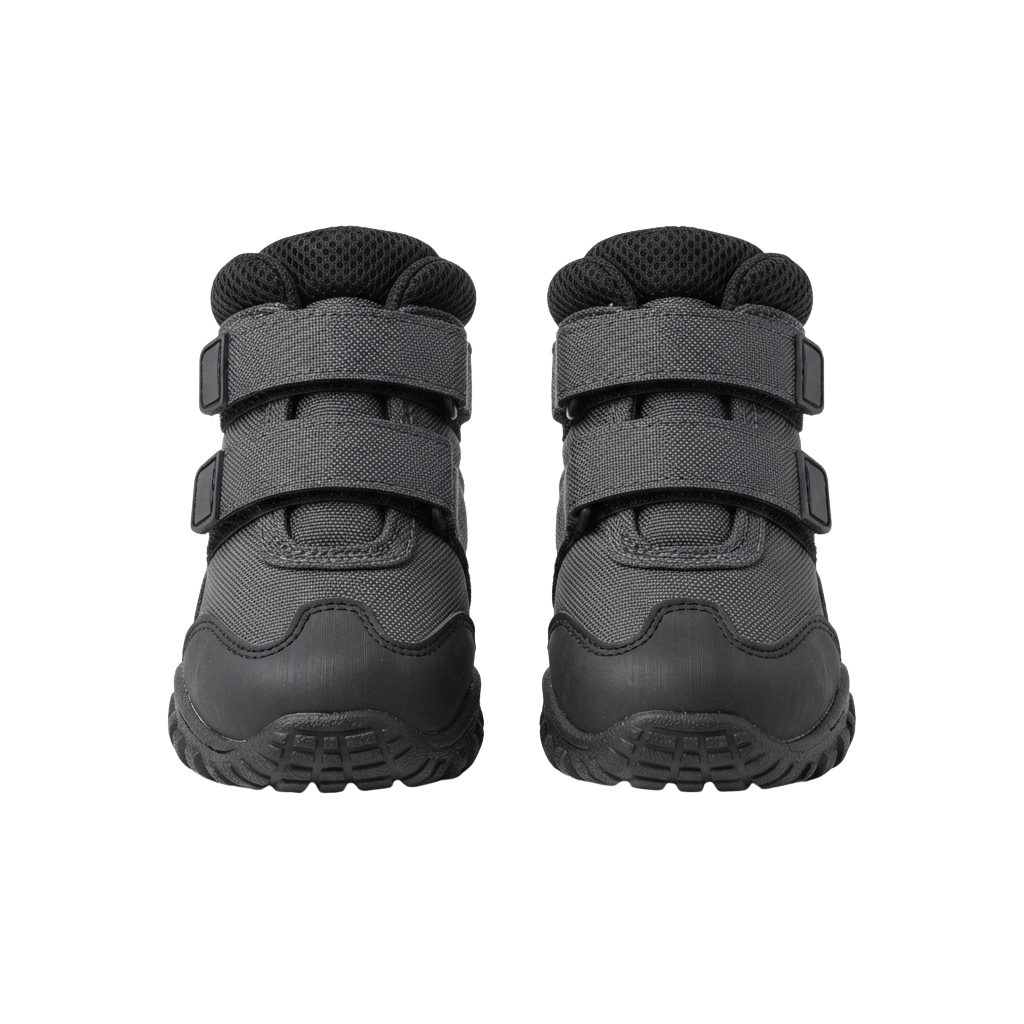 Pair of gray athletic shoes with Velcro straps viewed from the back