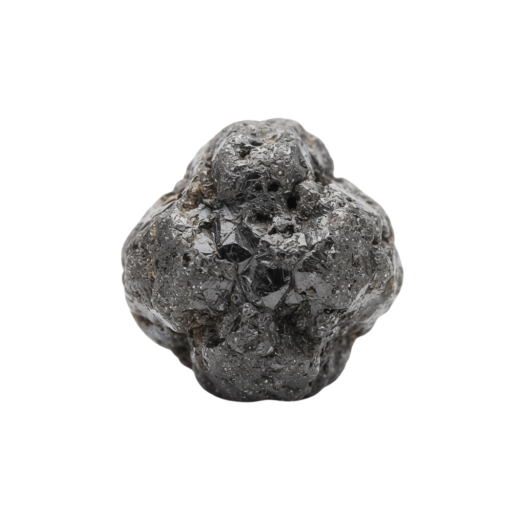 Close-up of a rough, gray, irregularly shaped mineral cluster with crystalline formations