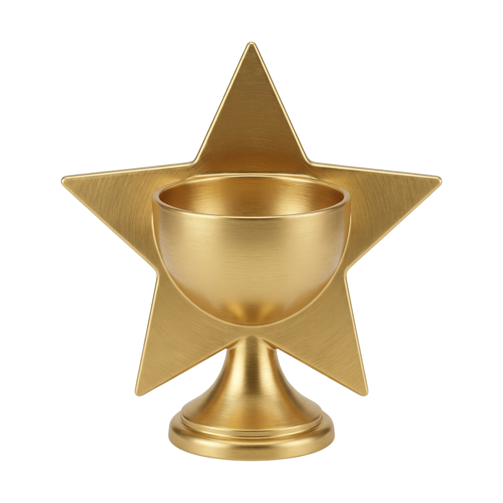 A polished golden star-shaped cup with a pedestal base
