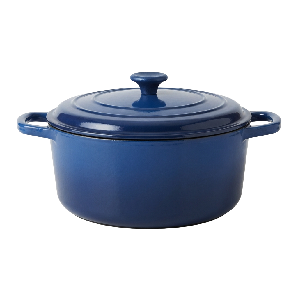 A solid blue ceramic casserole dish with a lid and two sturdy side handles