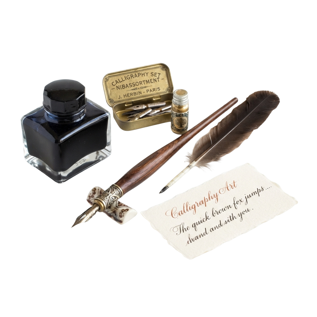 Calligraphy set including ink bottle, quill pen with feather, and handwritten note on paper