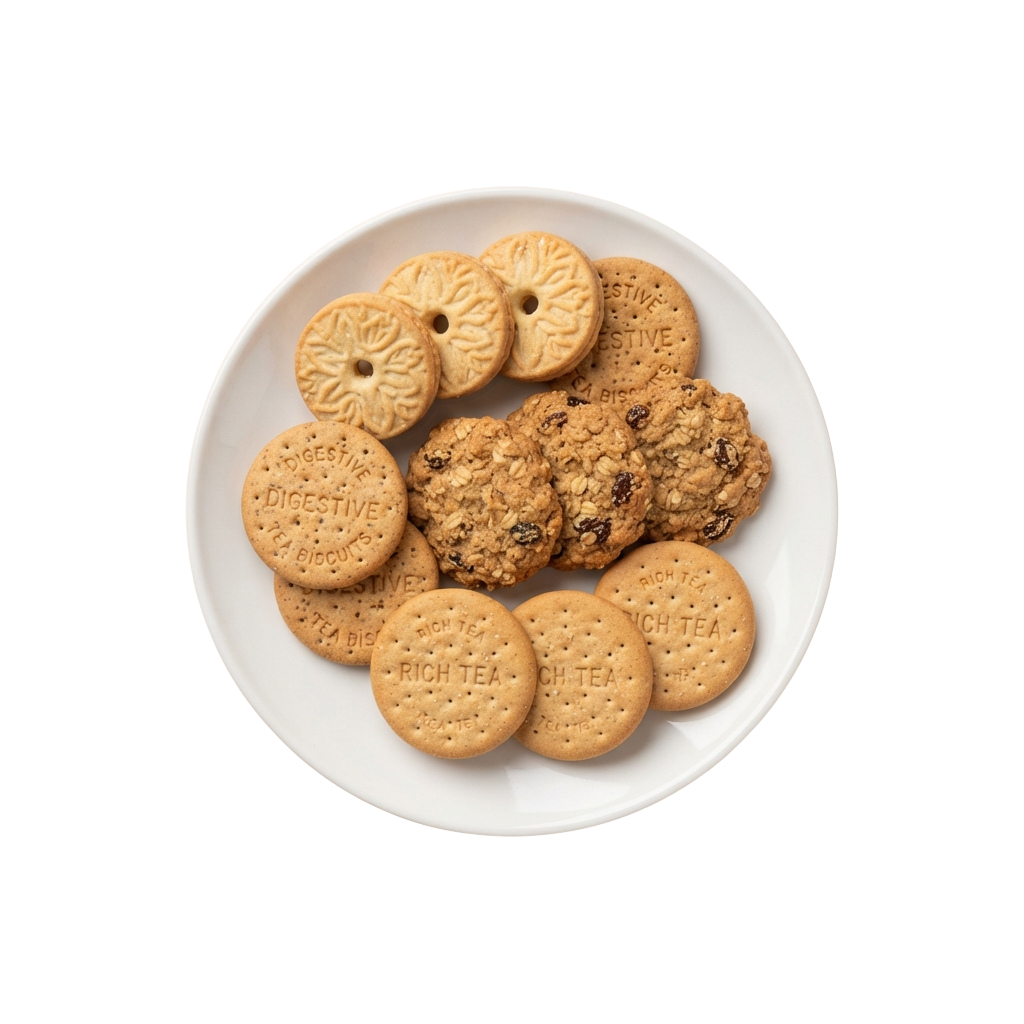 A white plate holding various round tea biscuits with different textures and flavors.