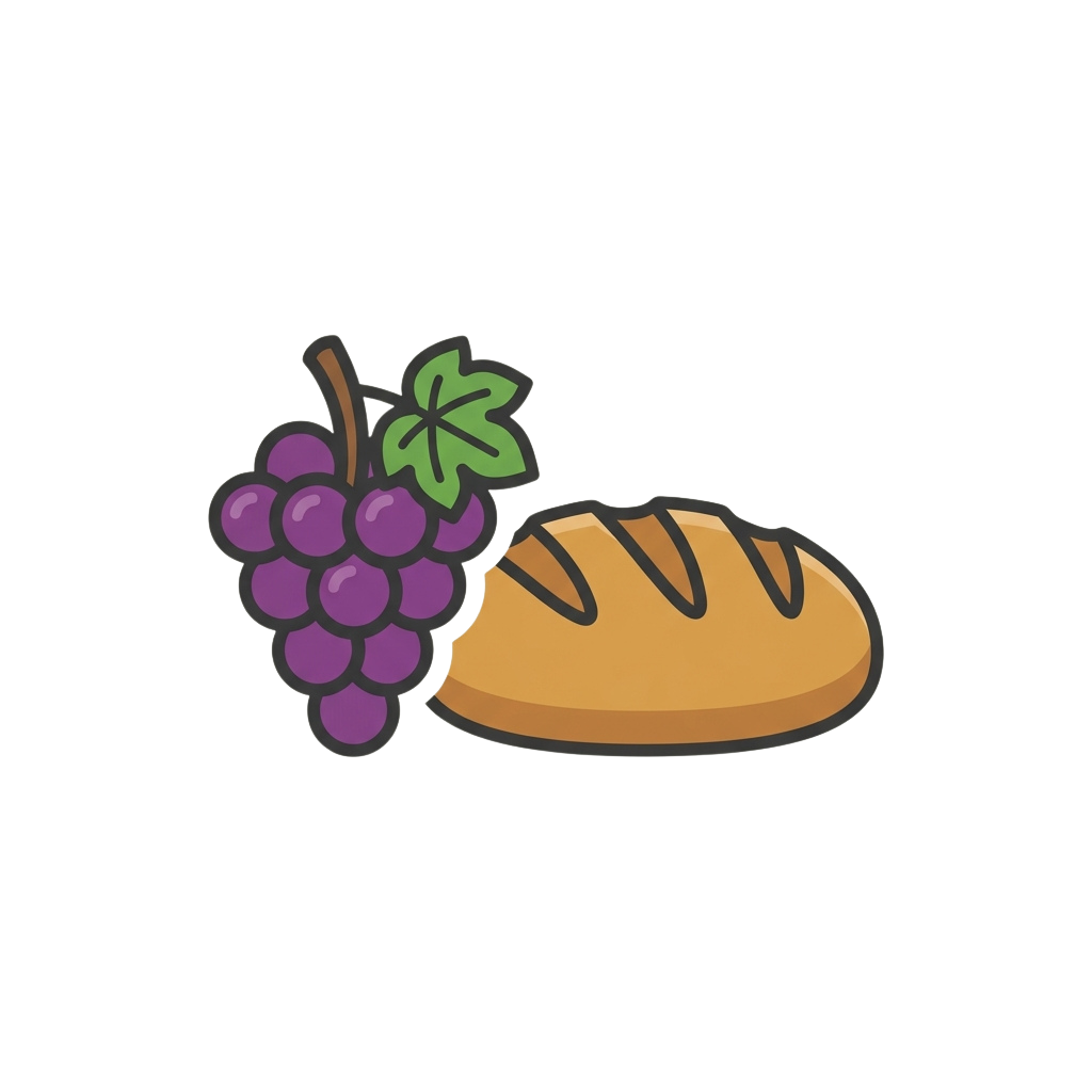 Illustration of a bunch of purple grapes and a slice of bread with crusty edges on a black background