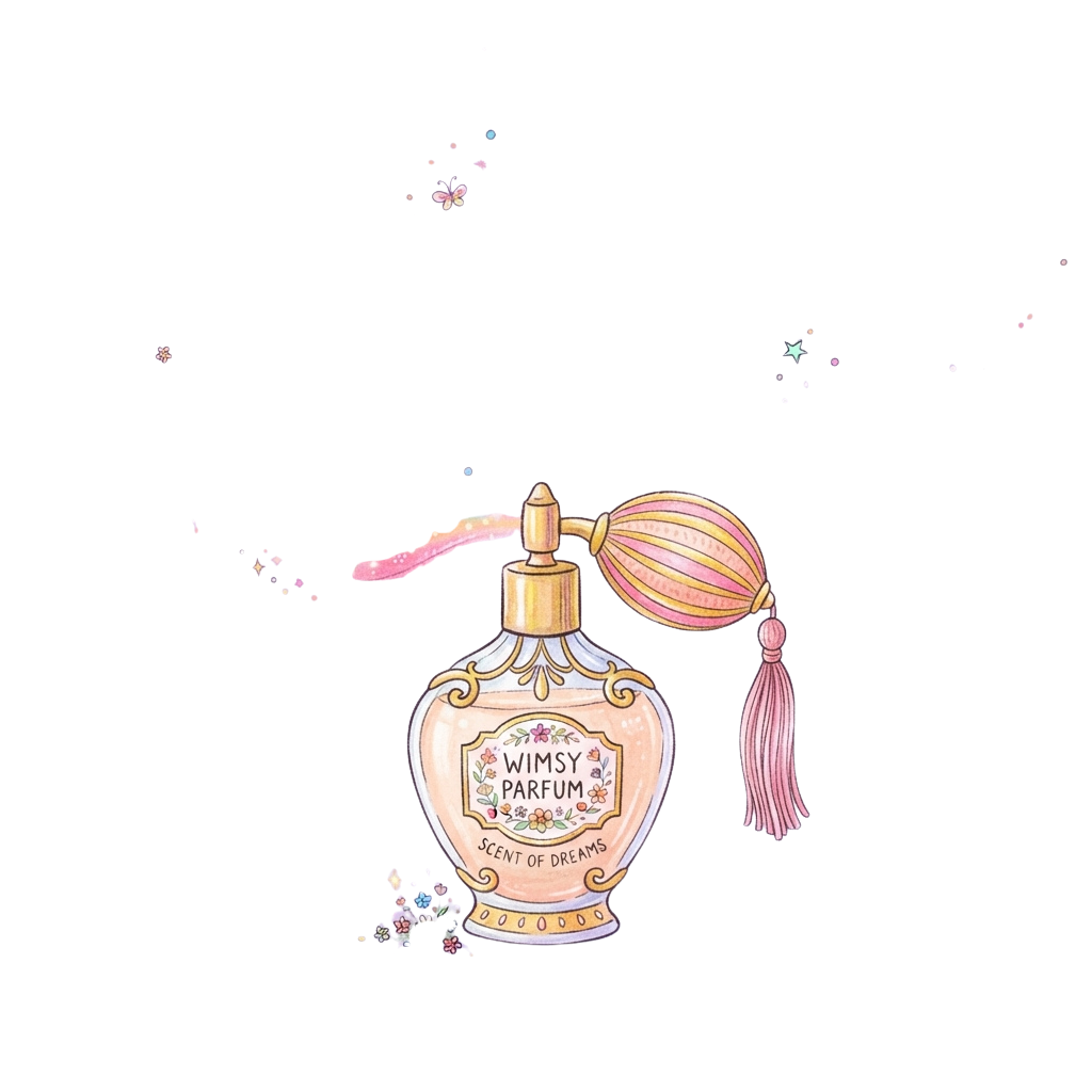 Illustration of a decorative perfume bottle with a gold cap and pink tassel, labeled Wimsy Parfum Scent of Dreams, floating against a starry background