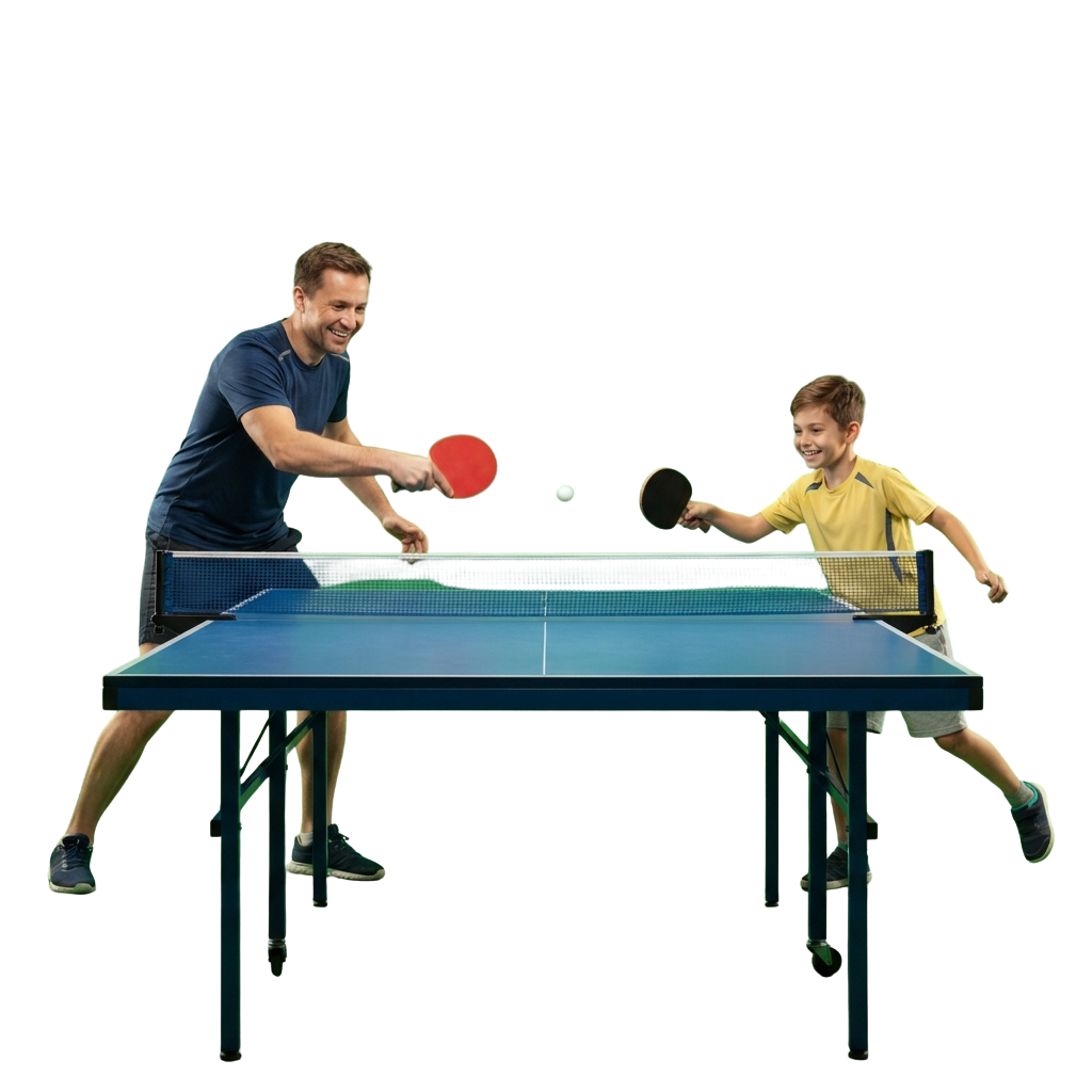 An adult and a child playing table tennis, with the adult hitting a red ball and the child preparing to return it.