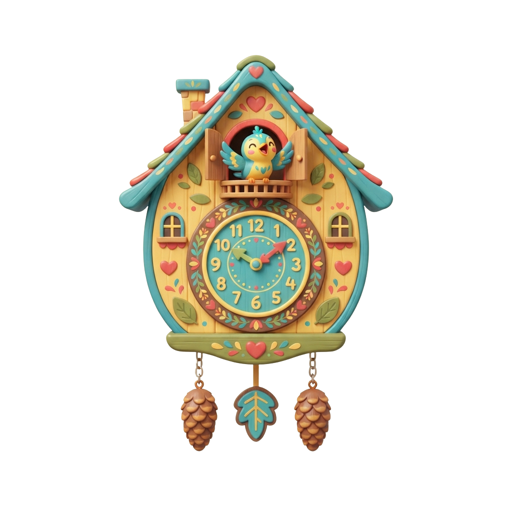 Colorful cuckoo clock shaped like a house with a bird popping out and floral decorations around the clock face