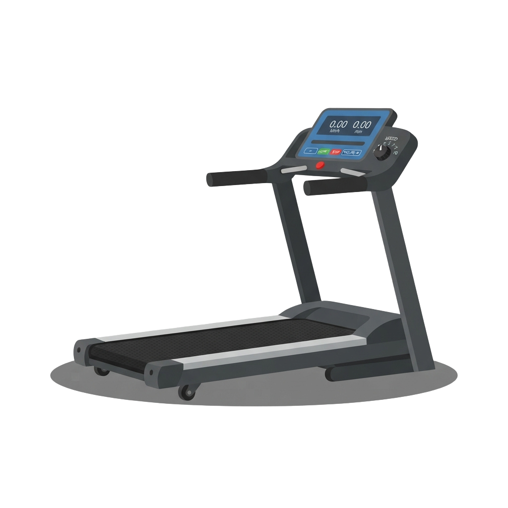 A modern treadmill with a digital display showing 00.00 time and speed, positioned on a gray base with handles for support