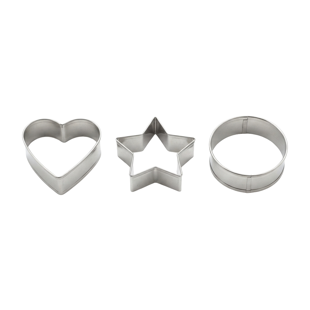 Three white plastic cookie cutters shaped like a heart, star, and circle.