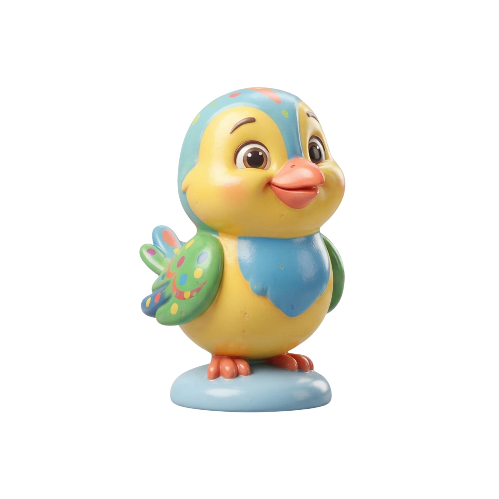 A cheerful cartoon bird figurine with a yellow body, blue head, and colorful flower on its wing, standing on a light blue base
