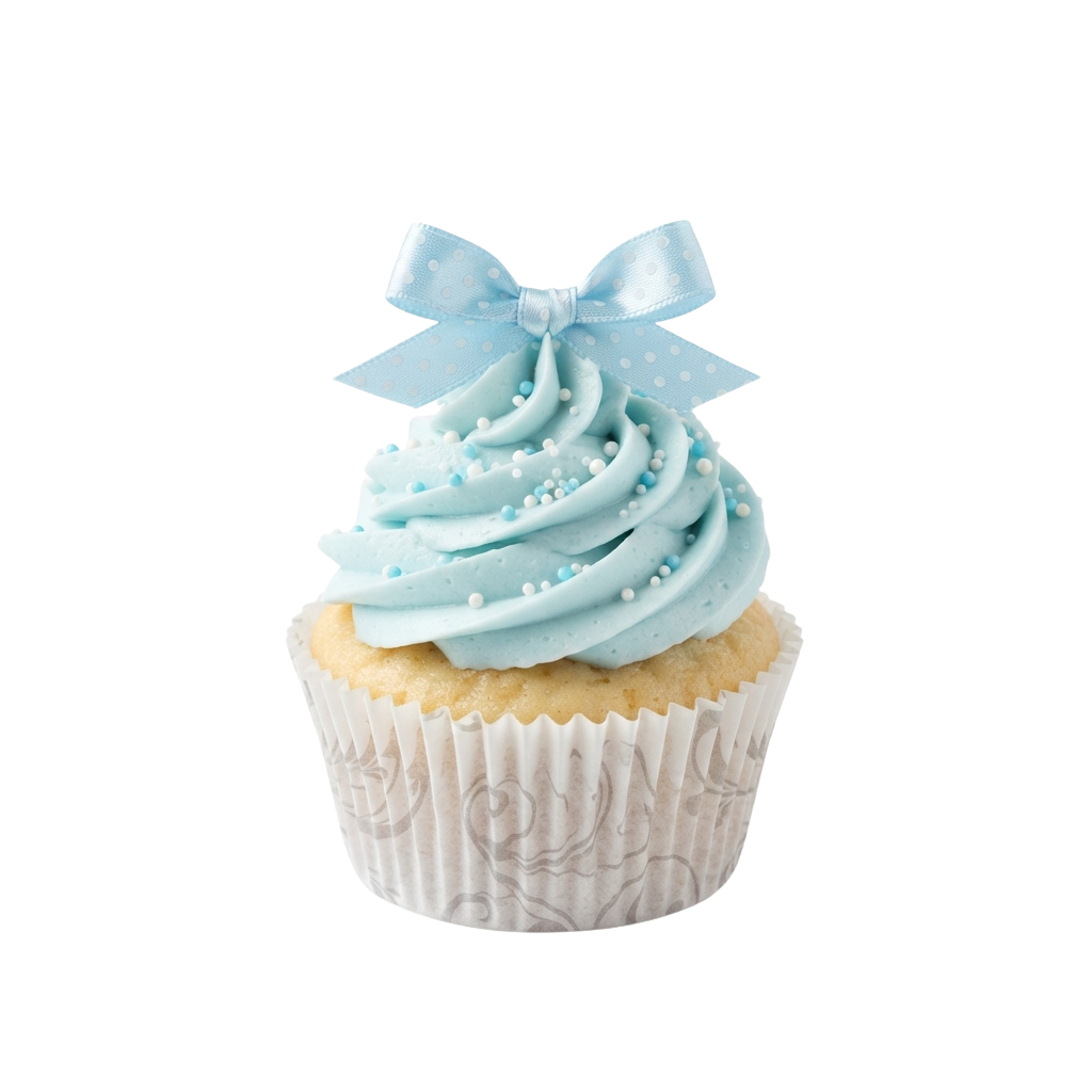 A beautifully decorated cupcake with light blue frosting and a matching satin ribbon bow on top