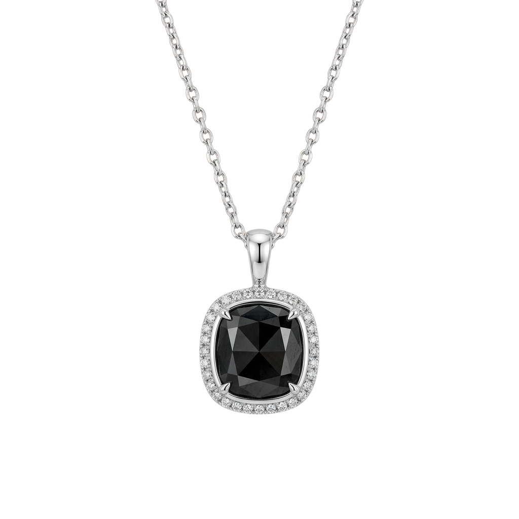 A silver chain necklace featuring a rectangular black gemstone surrounded by small diamonds in a prong setting.