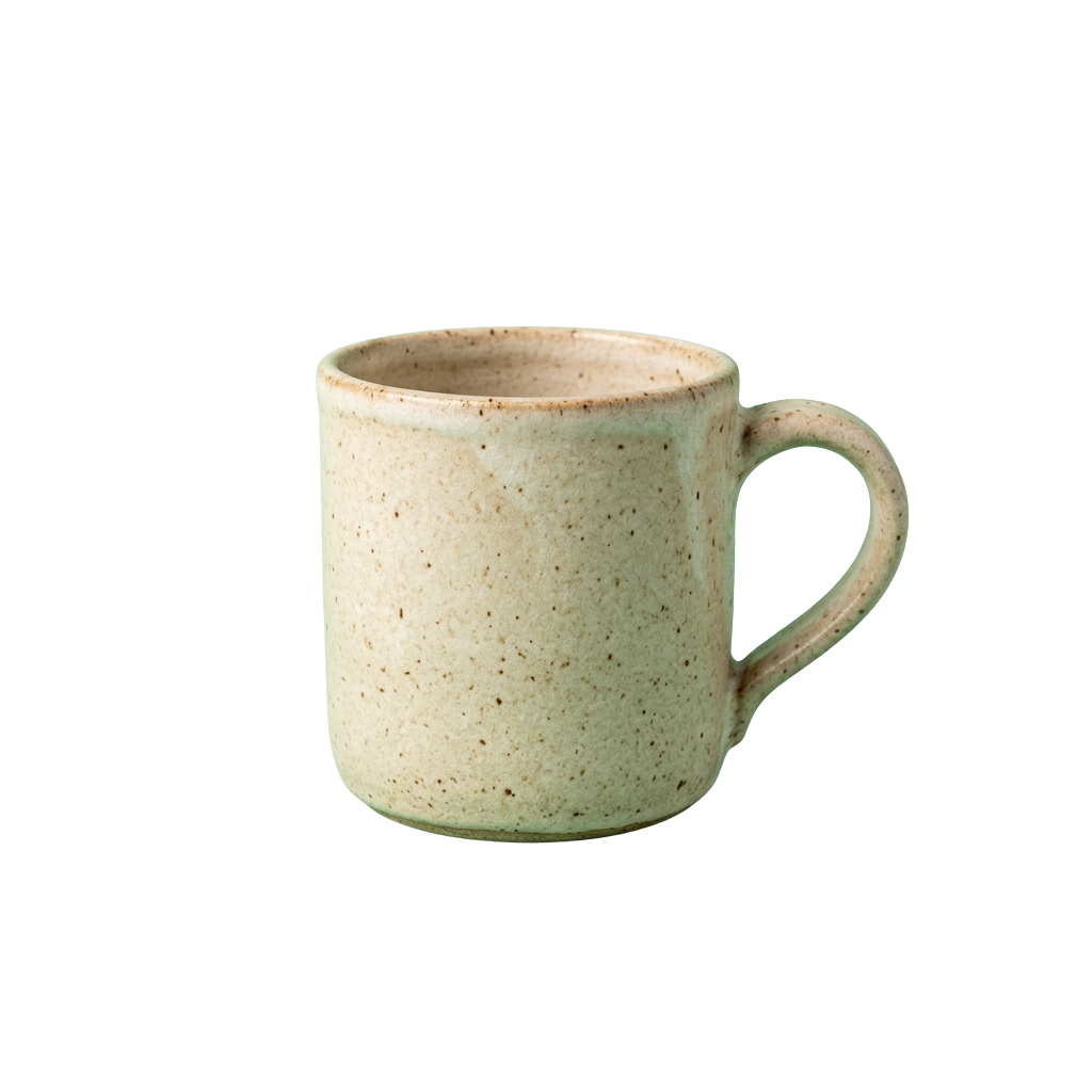 A speckled ceramic mug with a light green and beige glaze, featuring a simple handle