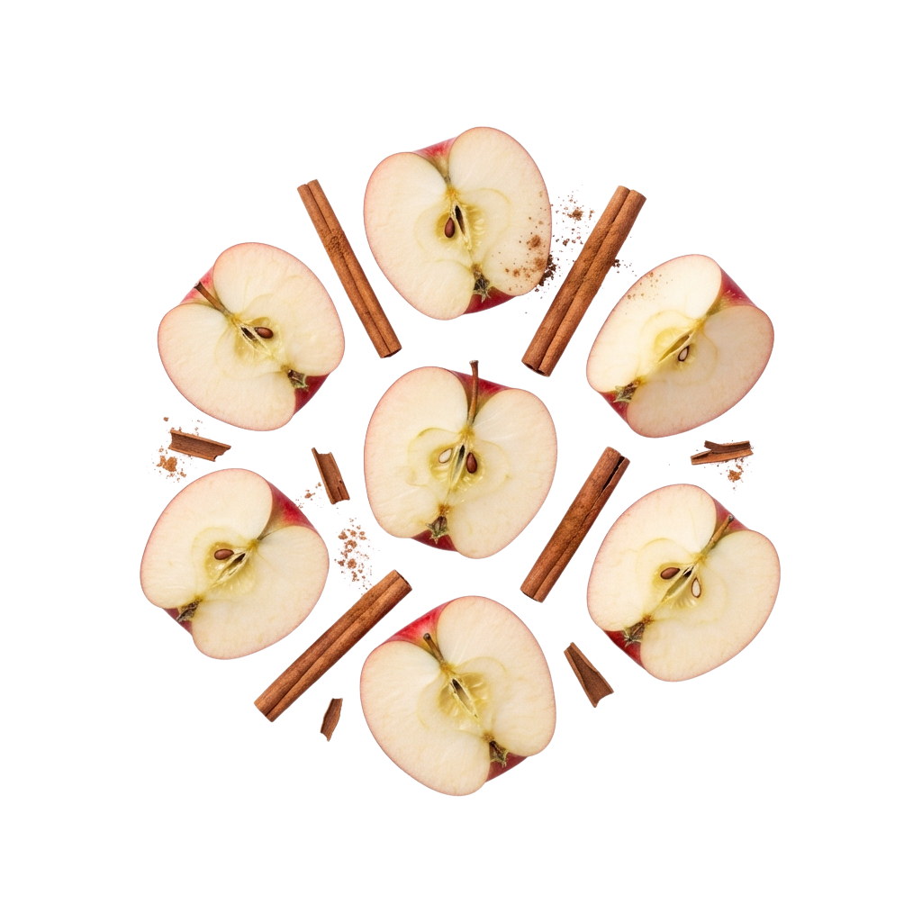 Eight apple slices arranged in a circle with cinnamon sticks placed between them on a dark background