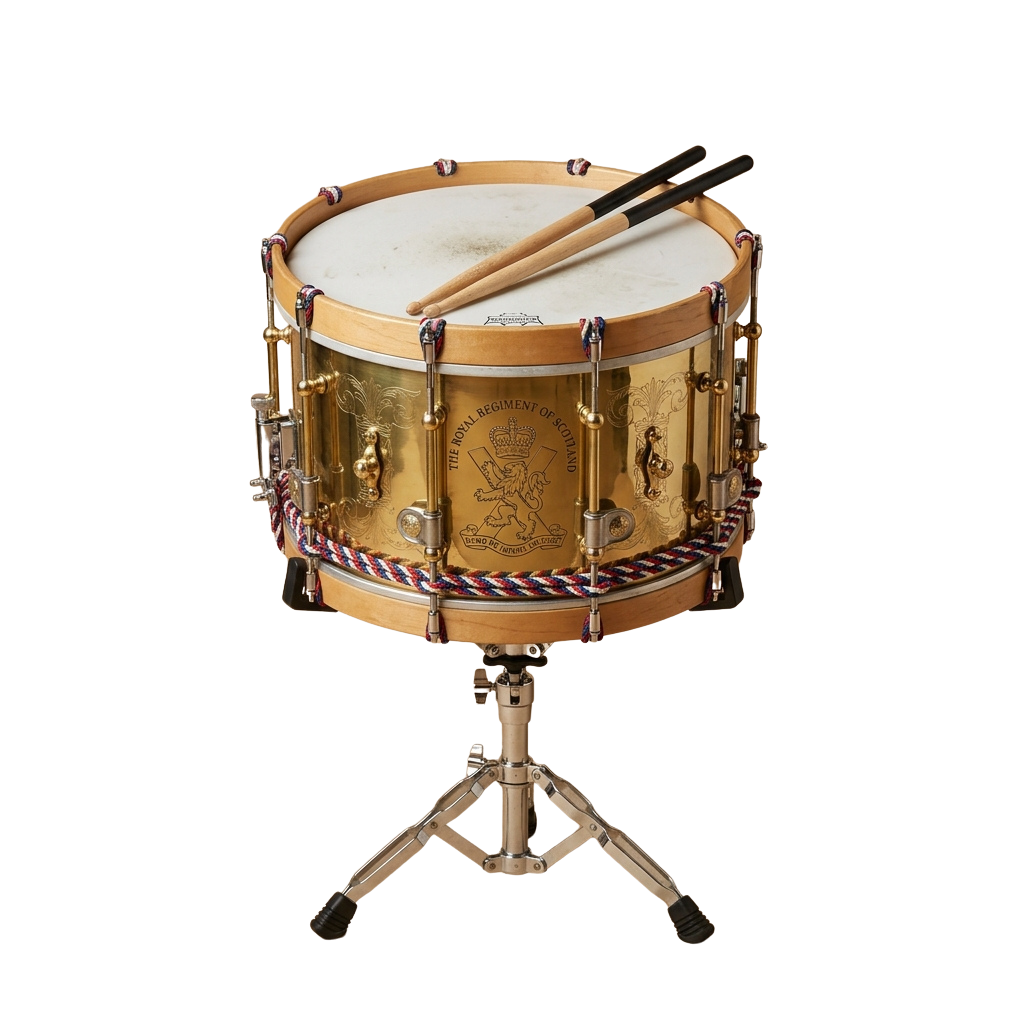 Brass snare drum with decorative royal regiment symbols and wooden stands